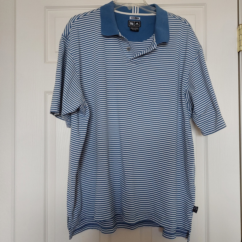 Adidas Men’s Blue and White Striped Polo ClimaLite